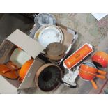 A LARGE BOX OF LE CREUSET COOKING PANS ETC. TOGETHER WITH A TRAY OF CERAMICS AND STONEWARE (2)