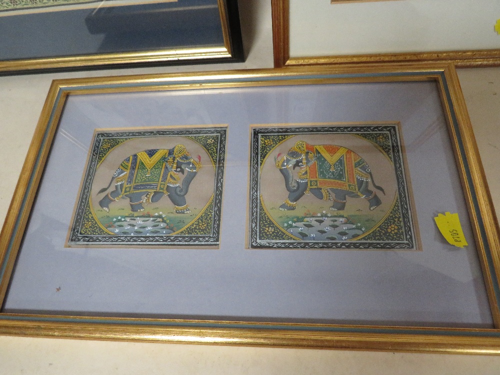 THREE FRAMED AND GLAZED EASTERN STYLE PAINTINGS OF FIGURES AND ELEPHANTS - Image 4 of 4