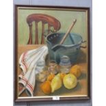 A FRAMED OIL ON BOARD STILL LIFE STUDY OF A TABLE TOP SCENE INDISTINCTLY SIGNED LOWER RIGHT