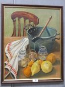 A FRAMED OIL ON BOARD STILL LIFE STUDY OF A TABLE TOP SCENE INDISTINCTLY SIGNED LOWER RIGHT