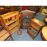 AN ANTIQUE OAK GLAZED CORNER CABINET TOGETHER WITH A PART POLE SCREEN AND TWO OAK BOOKCASES (4)