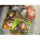 THREE BOXES OF METALWARE TO INCLUDE A PART BRASS COMPANION SET, COPPER WARMING PAN, AND SILVER