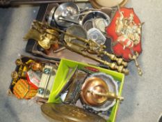 THREE BOXES OF METALWARE TO INCLUDE A PART BRASS COMPANION SET, COPPER WARMING PAN, AND SILVER