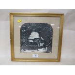 A FRAMED AND GLAZED MIXED MEDIA PICTURE OF A WINTER SCENE - W 22 CM BY H 21 CM