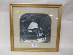 A FRAMED AND GLAZED MIXED MEDIA PICTURE OF A WINTER SCENE - W 22 CM BY H 21 CM