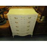 A CREAM LOUIS XV STYLE FIVE DRAWER CHEST OF DRAWERS H-90 CM W-105 CM