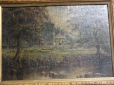 AN ANTIQUE GILT FRAMED OIL ON CANVAS LAID ON BOARD OF A COUNTRY SCENE OF A HOUSE NEAR A RIVER, H