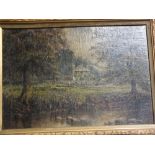 AN ANTIQUE GILT FRAMED OIL ON CANVAS LAID ON BOARD OF A COUNTRY SCENE OF A HOUSE NEAR A RIVER, H