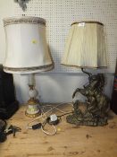 A VINTAGE BRASS HOUSE TAMER LAMP TOGETHER WITH AN ALABASTER EXAMPLE