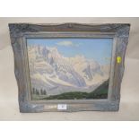 A FRAMED OIL ON BOARD OF AN ALPINE SCENE, INSCRIBED VERSO - H 26.5 CM BY W 34 CM