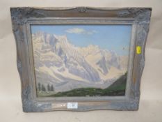 A FRAMED OIL ON BOARD OF AN ALPINE SCENE, INSCRIBED VERSO - H 26.5 CM BY W 34 CM