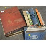 A COLLECTION OF VINTAGE CHILDRENS BOOKS TO INCLUDE PETER PAN TOGETHER WITH AN ANTIQUE LEATHER