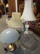 A VINTAGE BRASS CEILING LIGHT SHADE TOGETHER WITH TWO ALABASTER TABLE LAMPS AND A MODERN EXAMPLE (