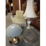 A VINTAGE BRASS CEILING LIGHT SHADE TOGETHER WITH TWO ALABASTER TABLE LAMPS AND A MODERN EXAMPLE (