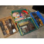 THREE TRAYS OF METALWARE AND TOOLS ETC PLUS A TRAY OF VINTAGE PLANES