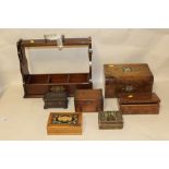A COLLECTION OF TREEN TO INCLUDE A TANTALUS, TRINKET BOXES ETC. (7)