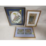 THREE FRAMED AND GLAZED EASTERN STYLE PAINTINGS OF FIGURES AND ELEPHANTS