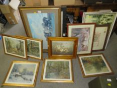 A COLLECTION OF PICTURES AND PRINTS TO INCLUDE TWO L S LOWRY PRINTS, WWI HONORABLE DISCHARGE FRAMED