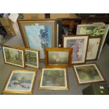 A COLLECTION OF PICTURES AND PRINTS TO INCLUDE TWO L S LOWRY PRINTS, WWI HONORABLE DISCHARGE FRAMED