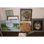 A QUANTITY OF PICTURES TO INCLUDE OILS, EMBROIDERIES ETC