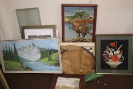 A QUANTITY OF PICTURES TO INCLUDE OILS, EMBROIDERIES ETC
