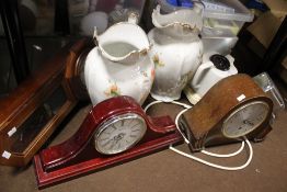 A VINTAGE TEAS MAID, TOGETHER WITH A PAIR OF FLORAL VASES AND THREE ASSORTED CLOCKS