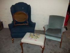 TWO CHAIRS, A DRESSING TABLE STOOL AND A CHEVAL MIRROR (4)