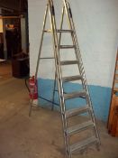 AN EIGHT RUNG TALL ALUMINIUM STEP LADDER