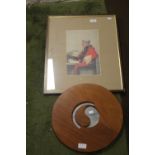 A FRAMED PRINT OF A JUDGE 42.5 CM X 53 CM TOGETHER WITH A UNUSUAL SMALL CIRCULAR MIRROR 35.5 CM
