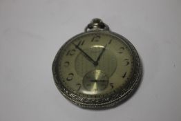 AN ELGIN WHITE METAL CASED OPEN FACED POCKET WATCH WITH SUB SECONDS DIAL AND FOLIATE DECORATION