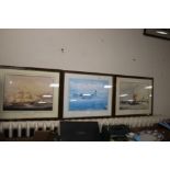 TWO PRINTS DEPICTING SAILING SHIPS TOGETHER WITH A AEROPLANE PRINT