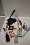 A BOX OF COLLECTABLES TO INCLUDE WRIST WATCHES, PLAYING CARDS, BOTTLES ETC.