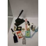 A BOX OF COLLECTABLES TO INCLUDE WRIST WATCHES, PLAYING CARDS, BOTTLES ETC.