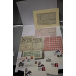 A SMALL COLLECTION OF STAMPS AND A COLLECTION OF EPHEMERA, MAPS, FIRST DAY COVERS ETC.
