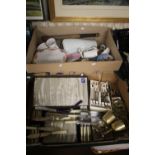 A TRAY OF CERAMICS TOGETHER WITH A QUANTITY OF FLATWARE ETC AND A BASEBALL BAT