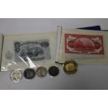 A COLLECTION OF COINS AND BANKNOTES TO INCLUDE HORATIO NELSON £5 ETC.