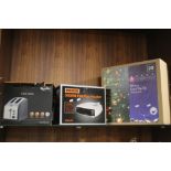 A BREVILL TWO SLICE TOASTER, A CHALLENGE 3000W FAN HEATER AND A 6FT GREEN POP UP CHRISTMAS TREE