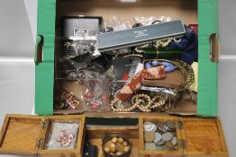 A BOX OF MAINLY COSTUME JEWELLERY, COINS ETC