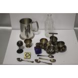 A BOX OF COLLECTABLES TO INCLUDE WHITE METAL TANKARD, EGG CUPS, GLASS BOTTLE ETC.