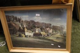 A FRAMED AND GLAZED PRINT DEPICTING A FARMYARD SCENE TITLED "CROCKHAM HILL" BY ROLAND HILDER