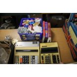 A VINTAGE OLYMPIA ELECTRONIC CALCULATOR TOGETHER WITH A BUSICOM ELECTRONIC CALCULATOR, A TUB OF