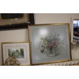 A FRAMED AND GLAZED WATERCOLOUR OF A VASE AND FLOWERS SIGNED BARBARA CROWE, TOGETHER WITH A