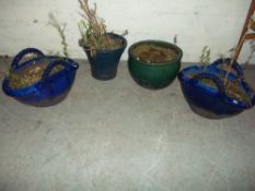 FOUR CERAMIC PLANTERS TO INCLUDE TWO THAT ARE BASKET THEMED (4)
