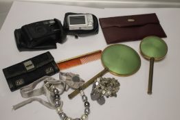 A BOX OF COLLECTABLES TO INCLUDE CAMERAS, DRESSING TABLE MIRROR, COSTUME JEWELLERY ETC.
