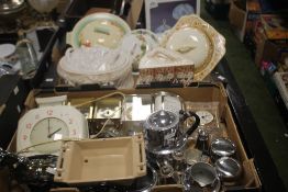 A TRAY OF METALWARE, CARRIAGE CLOCK, TOGETHER WITH A TRAY OF CERAMICS TO INCLUDE A CHEESE DISH