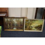 TWO FRAMED OIL PAINTINGS ON CANVAS OF WOODLAND SCENES