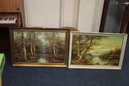 TWO FRAMED OIL PAINTINGS ON CANVAS OF WOODLAND SCENES