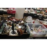 FOUR TRAYS OF CERAMIC ORNAMENTS, NOVELTY TEAPOTS AND GLASSWARE ETC (TRAYS NOT INCLUDED)