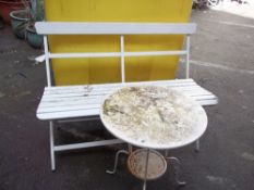 A FOLDING TWO SEATER IKEA BISTRO SET AND A TWO SEATER GARDEN BENCH AND TABLE