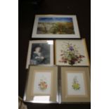 A BICYCLE JIGSAW PICTURE TOGETHER WITH A GILT FRAMED WALL MIRROR ALONG WITH TWO VICTORIAN STYLE